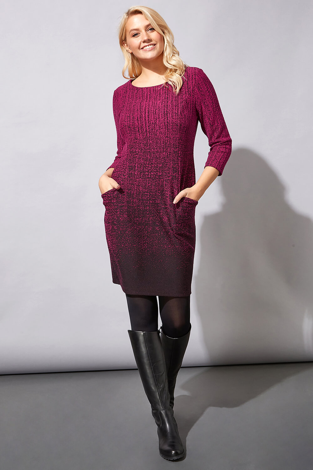 Fuchsia Ombre Textured Shift Dress, Image 2 of 4