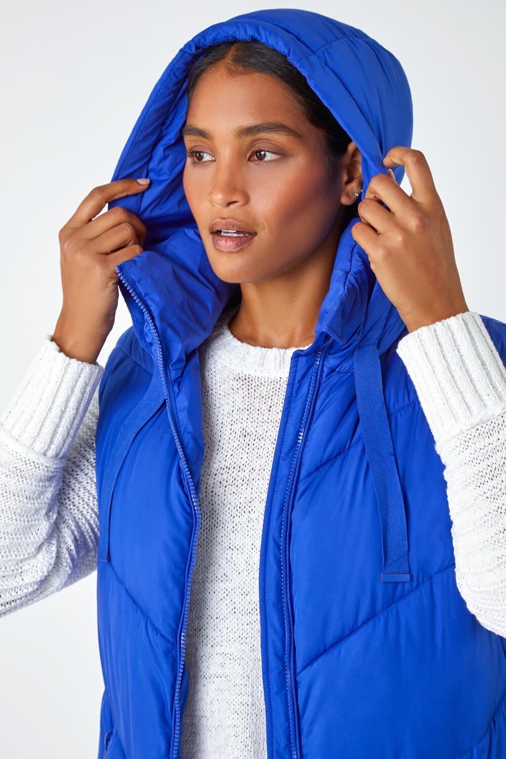 Royal Blue Longline Quilted Hooded Gilet, Image 4 of 5