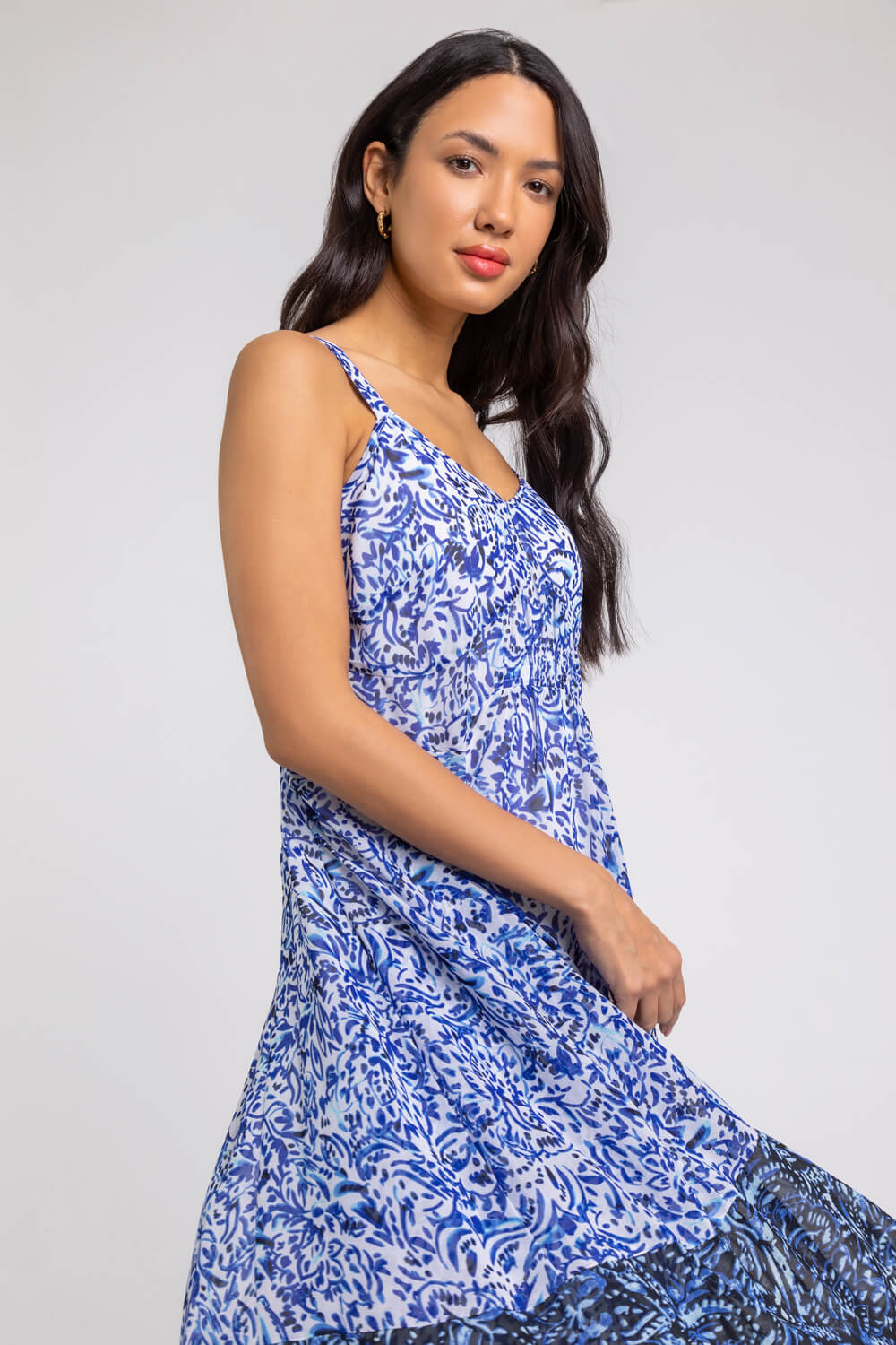 Blue Abstract Border Print Fit & Flare Dress, Image 5 of 5
