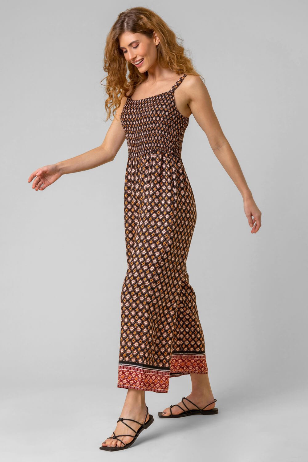 Brown Contrast Geo Print Belted Jumpsuit, Image 3 of 5