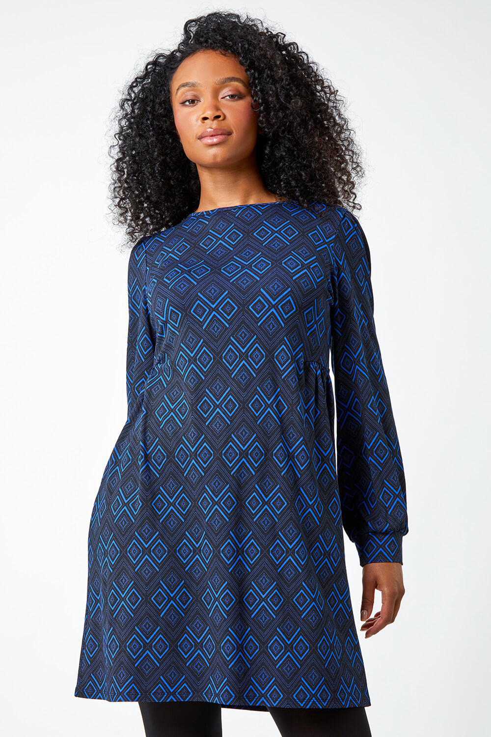 Royal Blue Petite Aztec Print Stretch Dress, Image 2 of 5