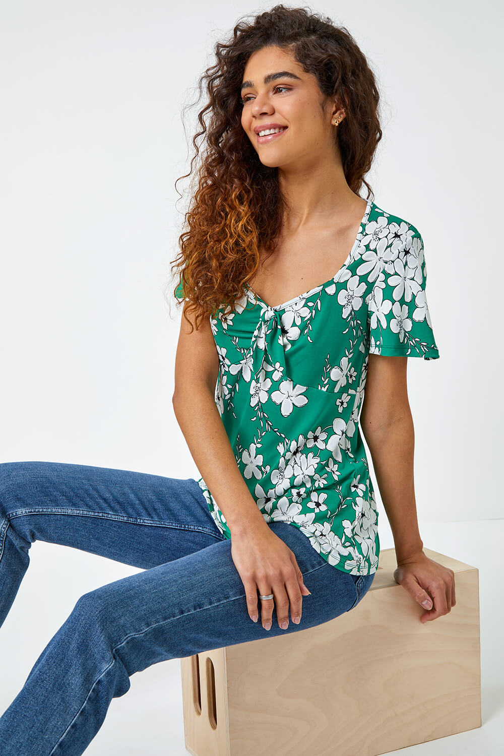 Green Textured Floral Print Ruched Top, Image 2 of 5