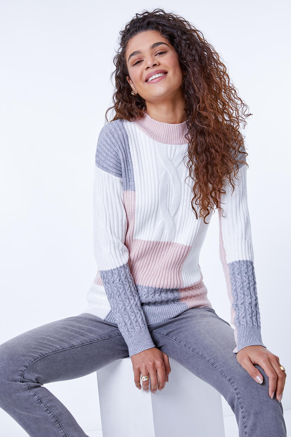 PINK Colourblock Cable Knit Jumper , Image 3 of 5