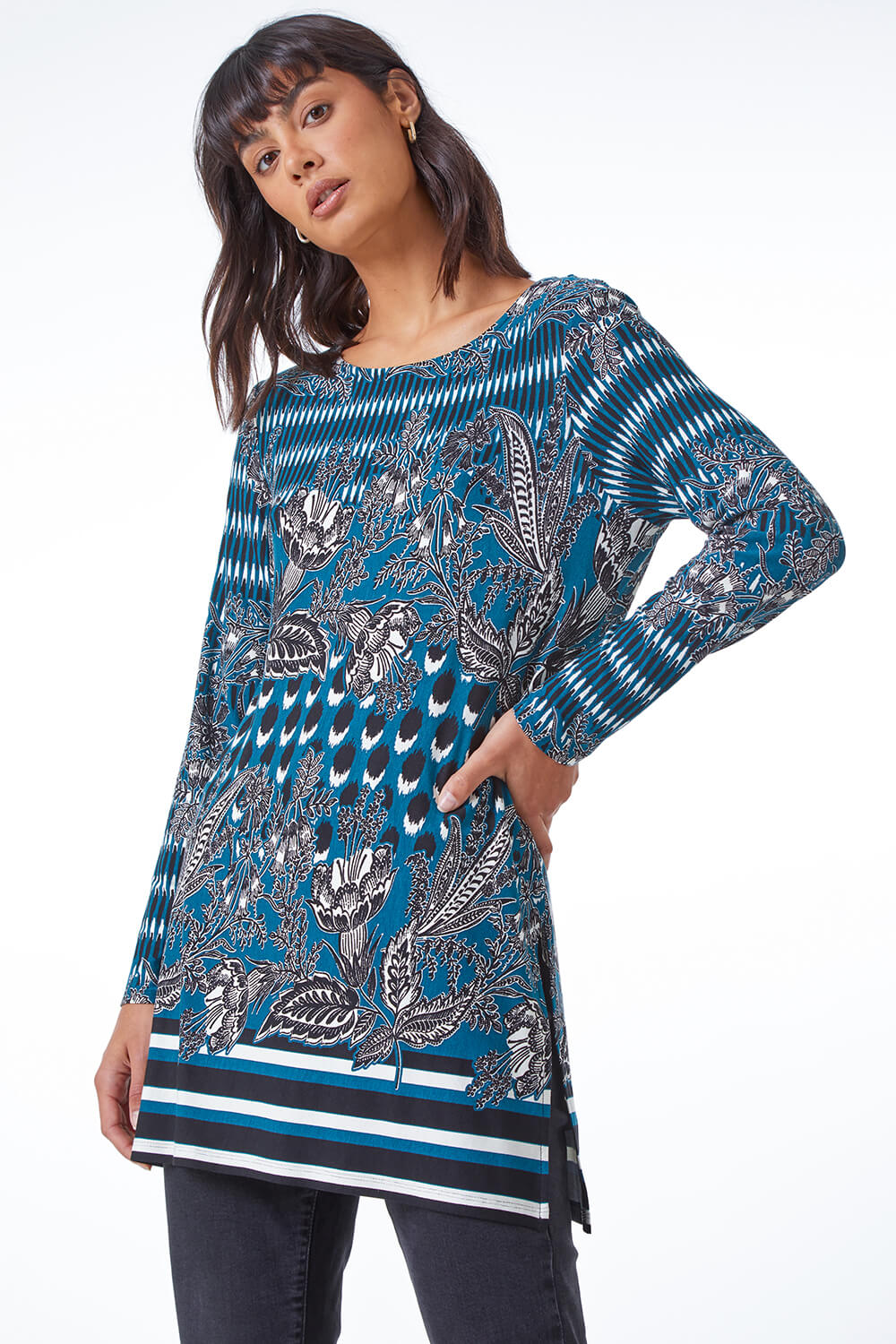 Teal Floral Border Print Longline Stretch Tunic, Image 4 of 5