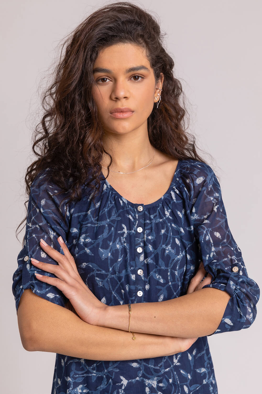 Navy  Abstract Leaf Print Button Top, Image 4 of 4