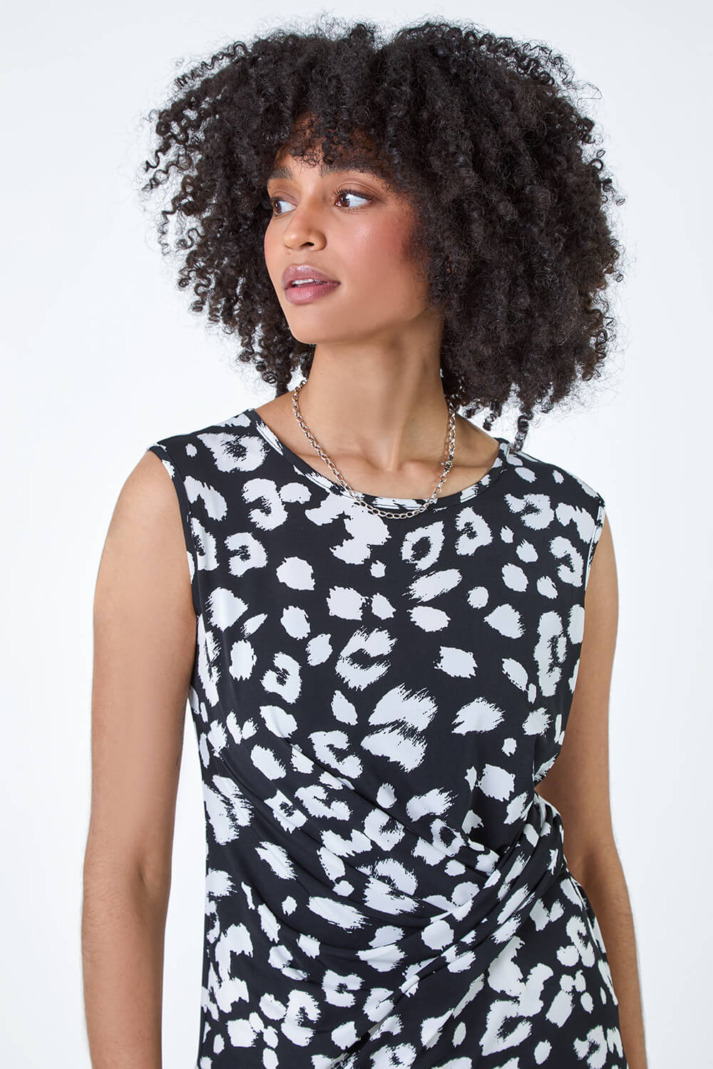 Black Animal Print Stretch Twist Detail Top | Roman UK