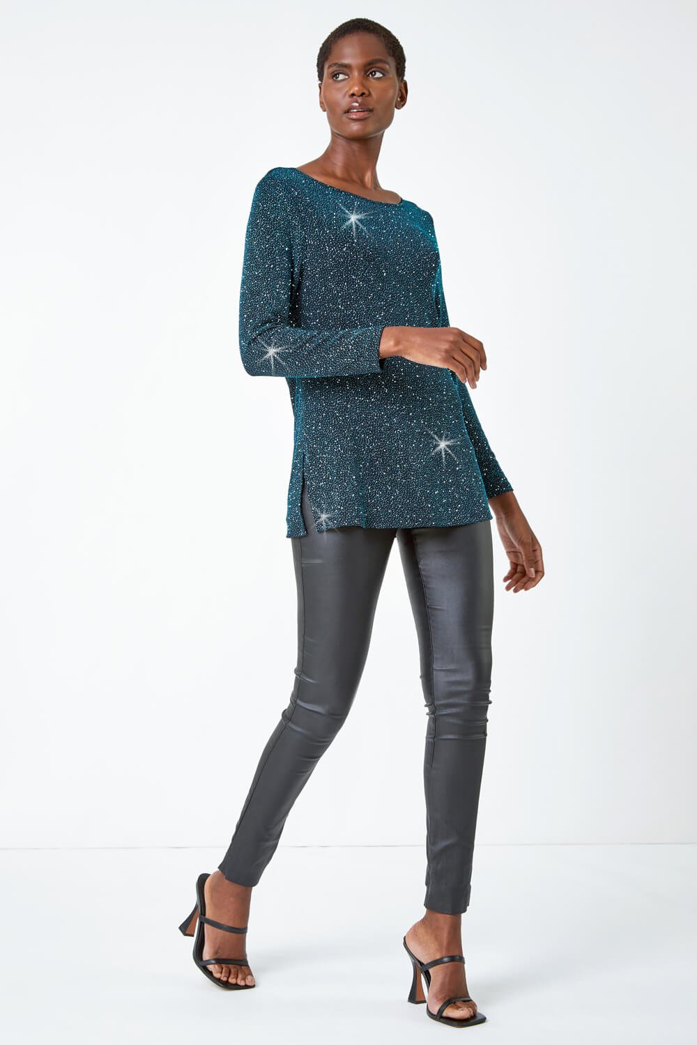 Teal Sparkle Cowl Back Detail Stretch Top, Image 2 of 5