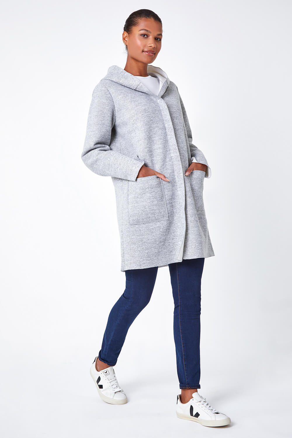 Grey Longline Hooded Stretch Coat, Image 2 of 5