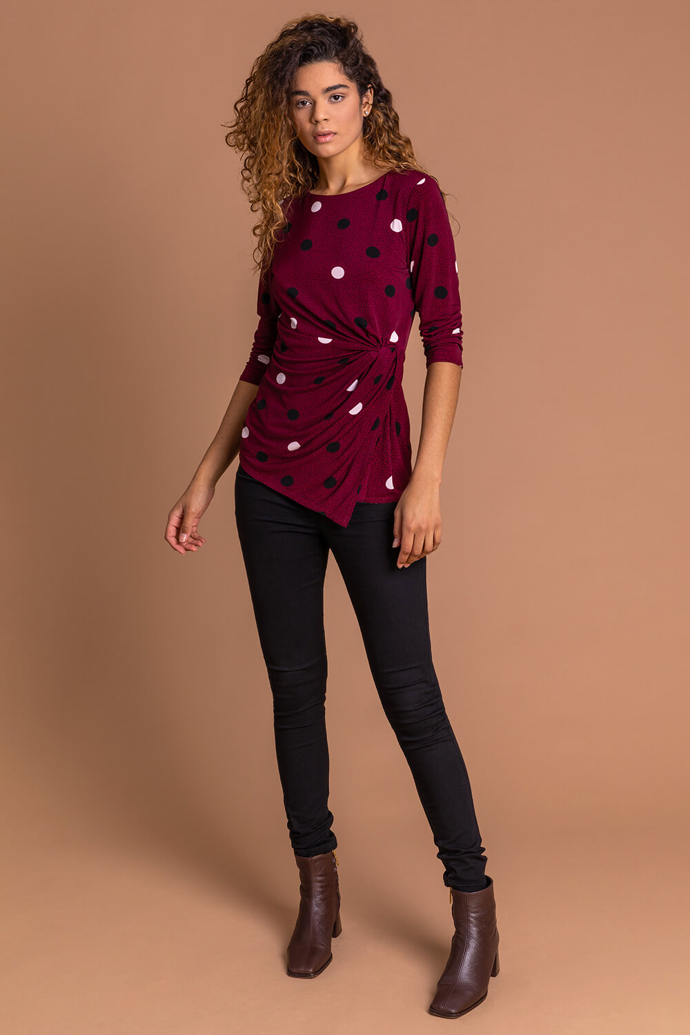 Bordeaux Polka Dot Ruched 3/4 Sleeve Jersey Top, Image 3 of 5