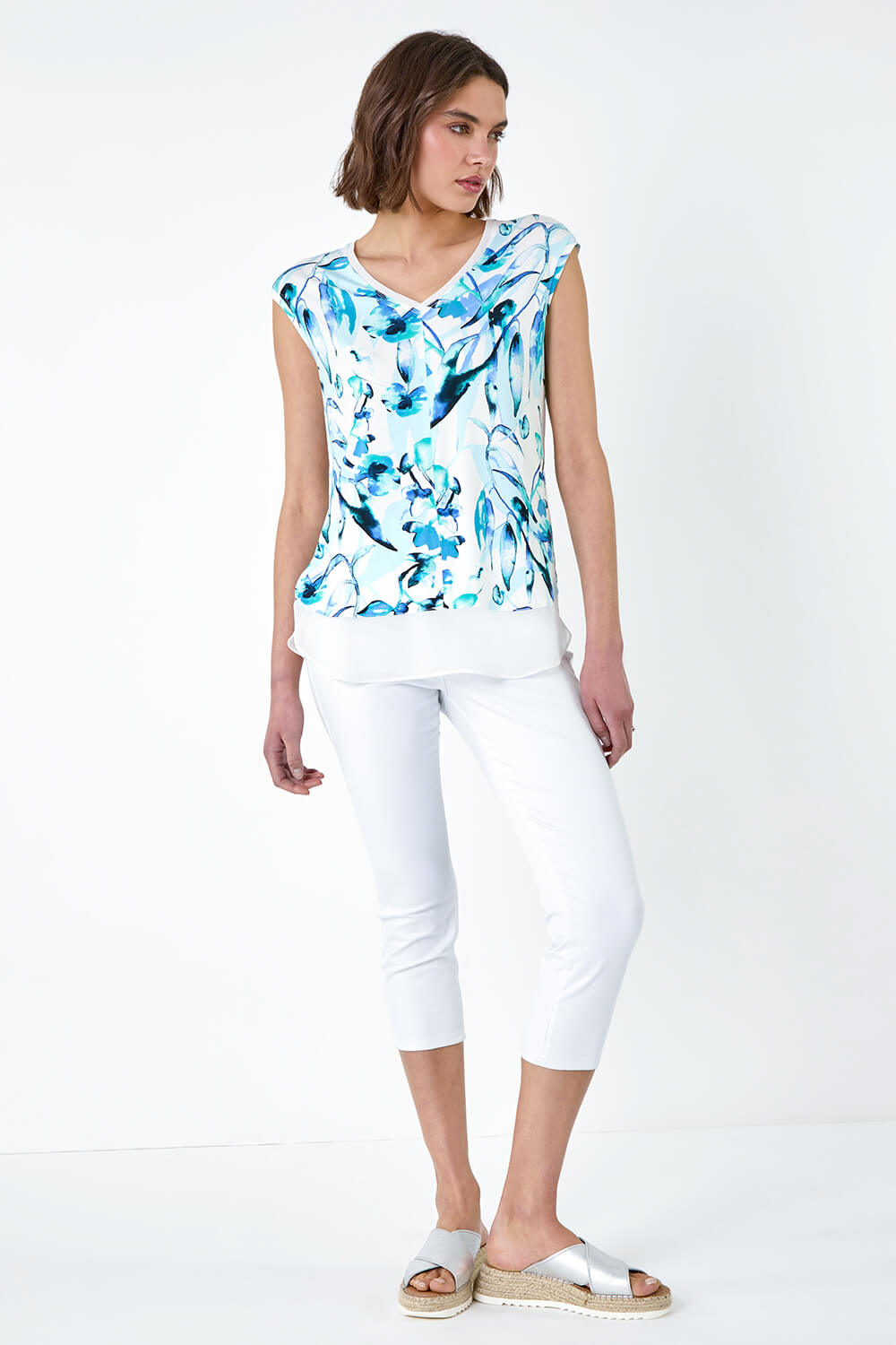 Blue Floral Print Chiffon Hem T-Shirt, Image 2 of 5