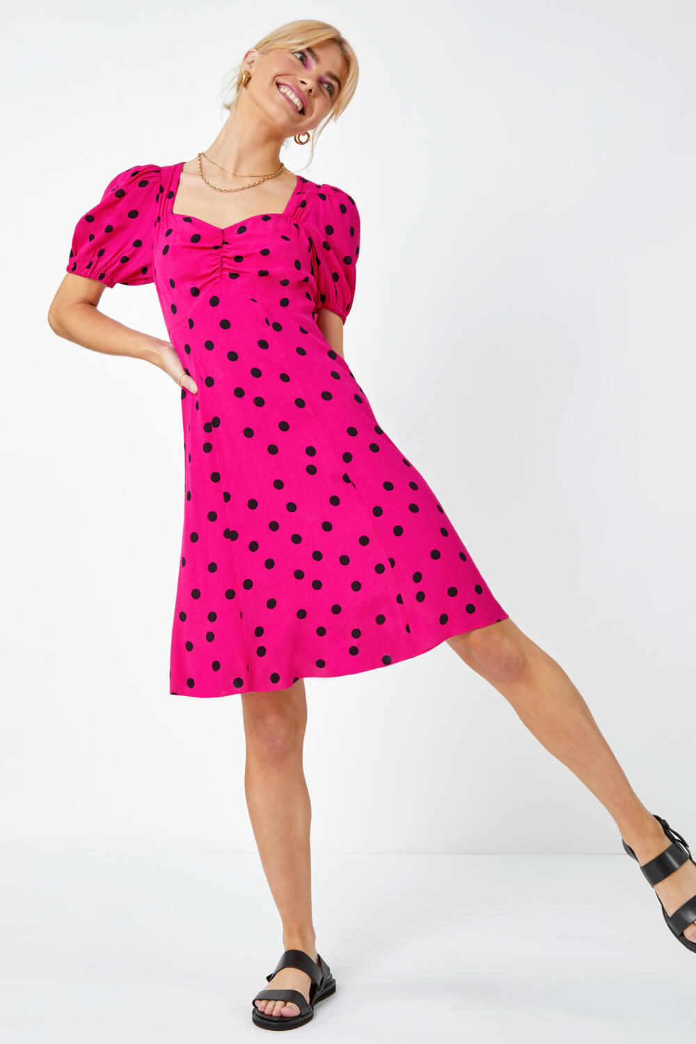 PINK Sweetheart Neck Polka Dot Dress, Image 4 of 5
