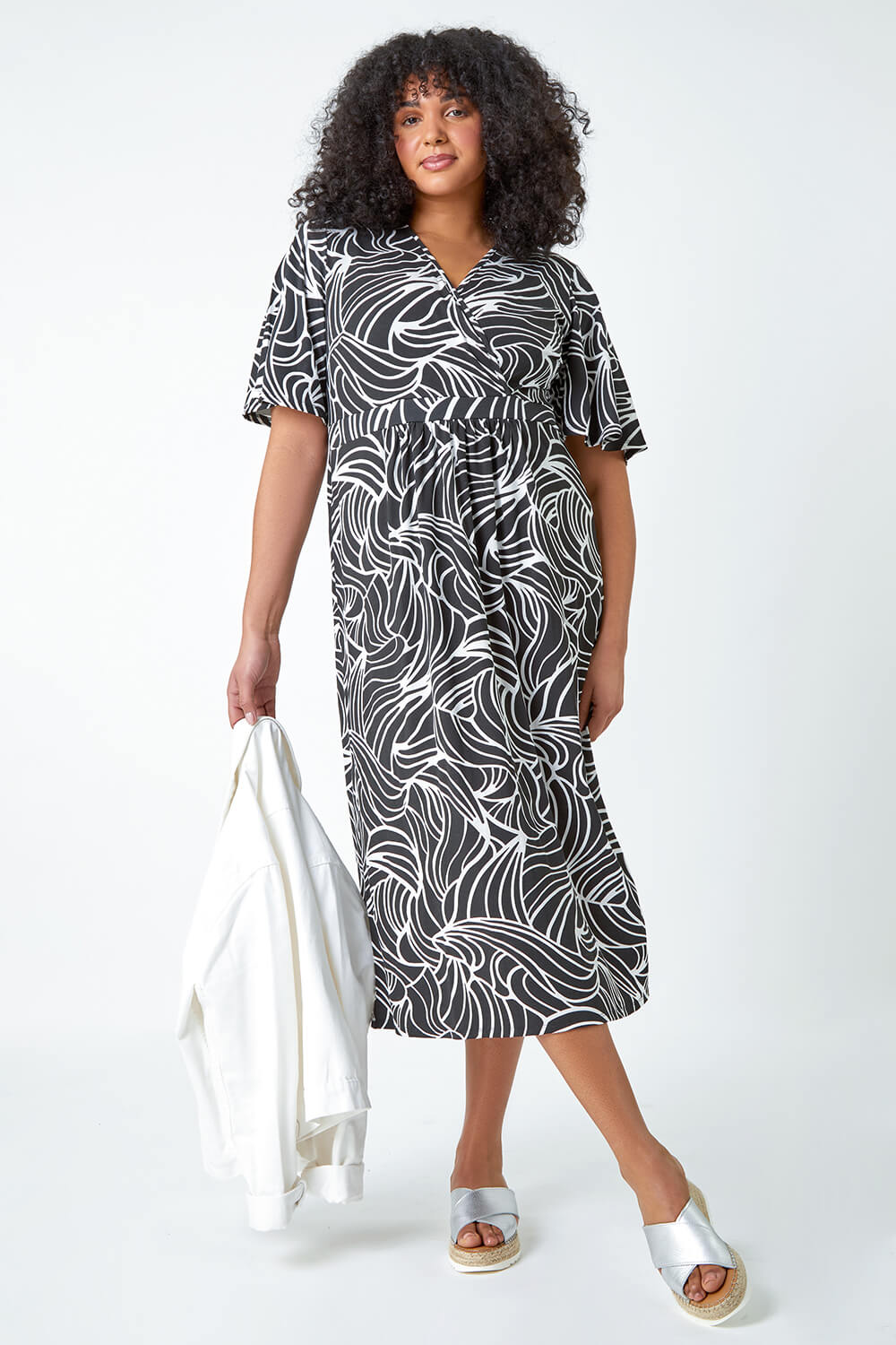 Black Curve Linear Print Midi Wrap Dress, Image 4 of 5