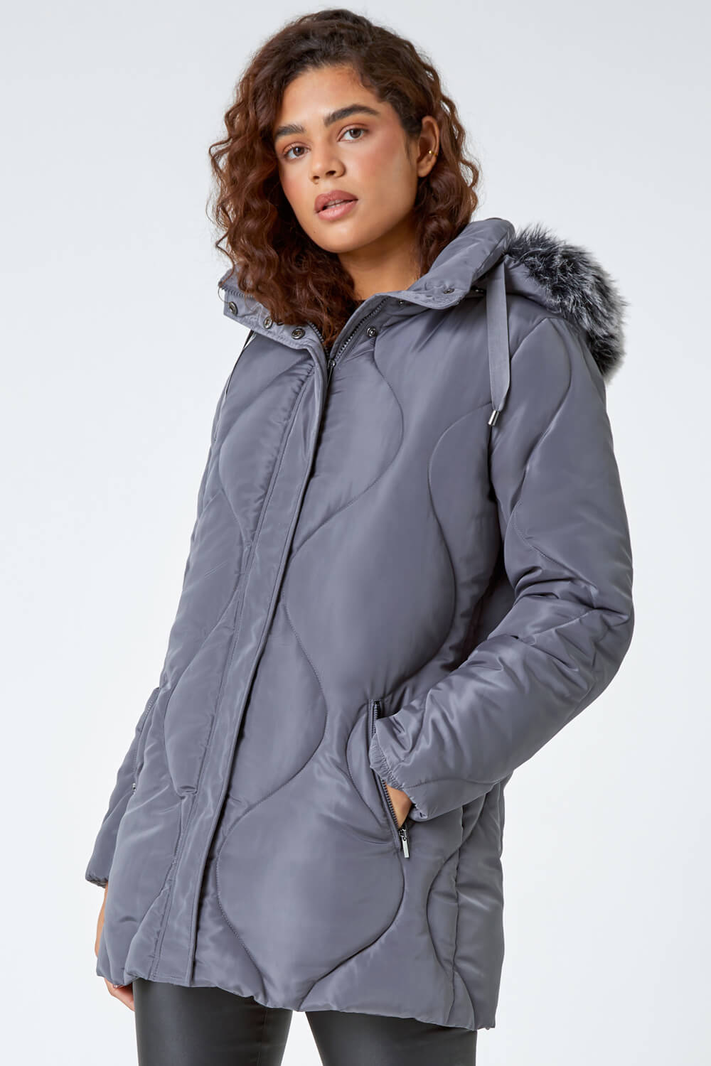 Grey Quilted Faux Fur Hooded Coat, Image 2 of 5