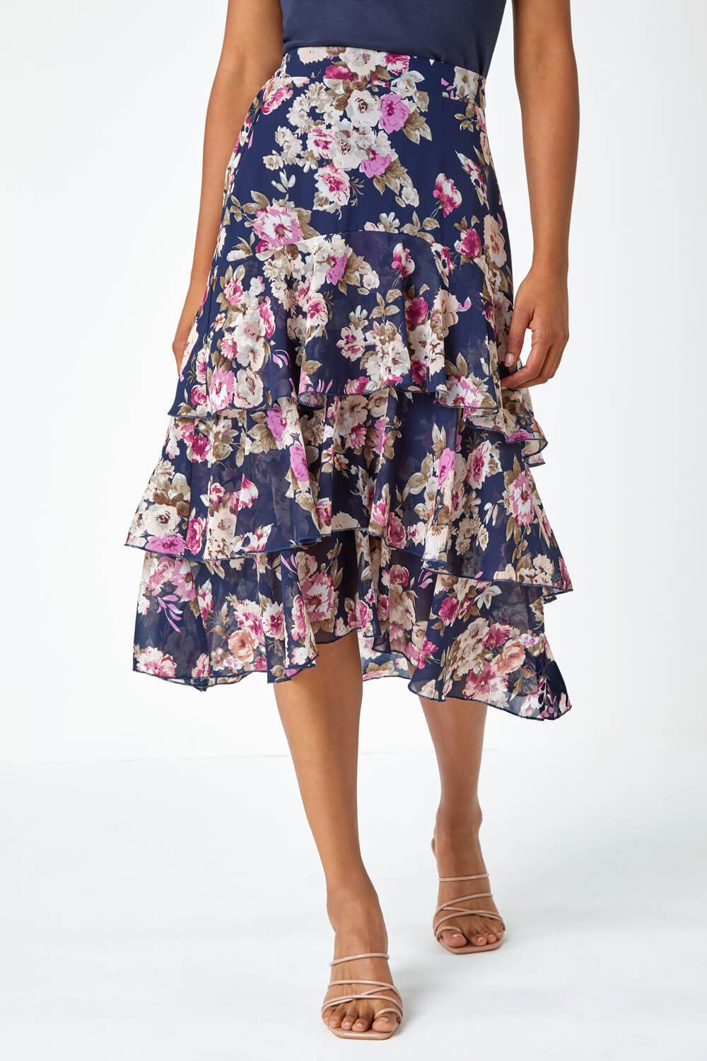 Navy  Floral Print Tiered Stretch Skirt, Image 2 of 5