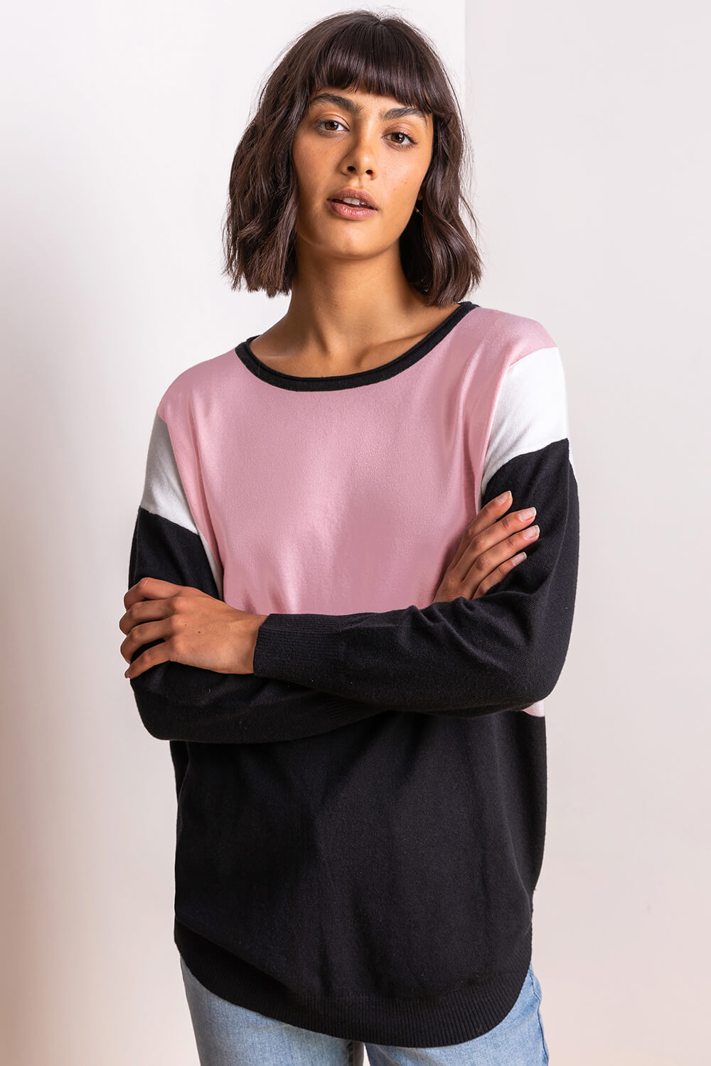PINK Colour Block Round Neck Jumper, Image 4 of 5
