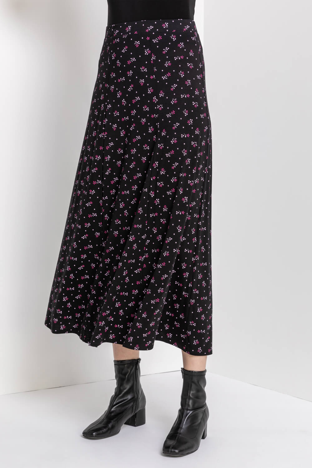 Black Floral Print Jersey Midi Skirt, Image 3 of 5