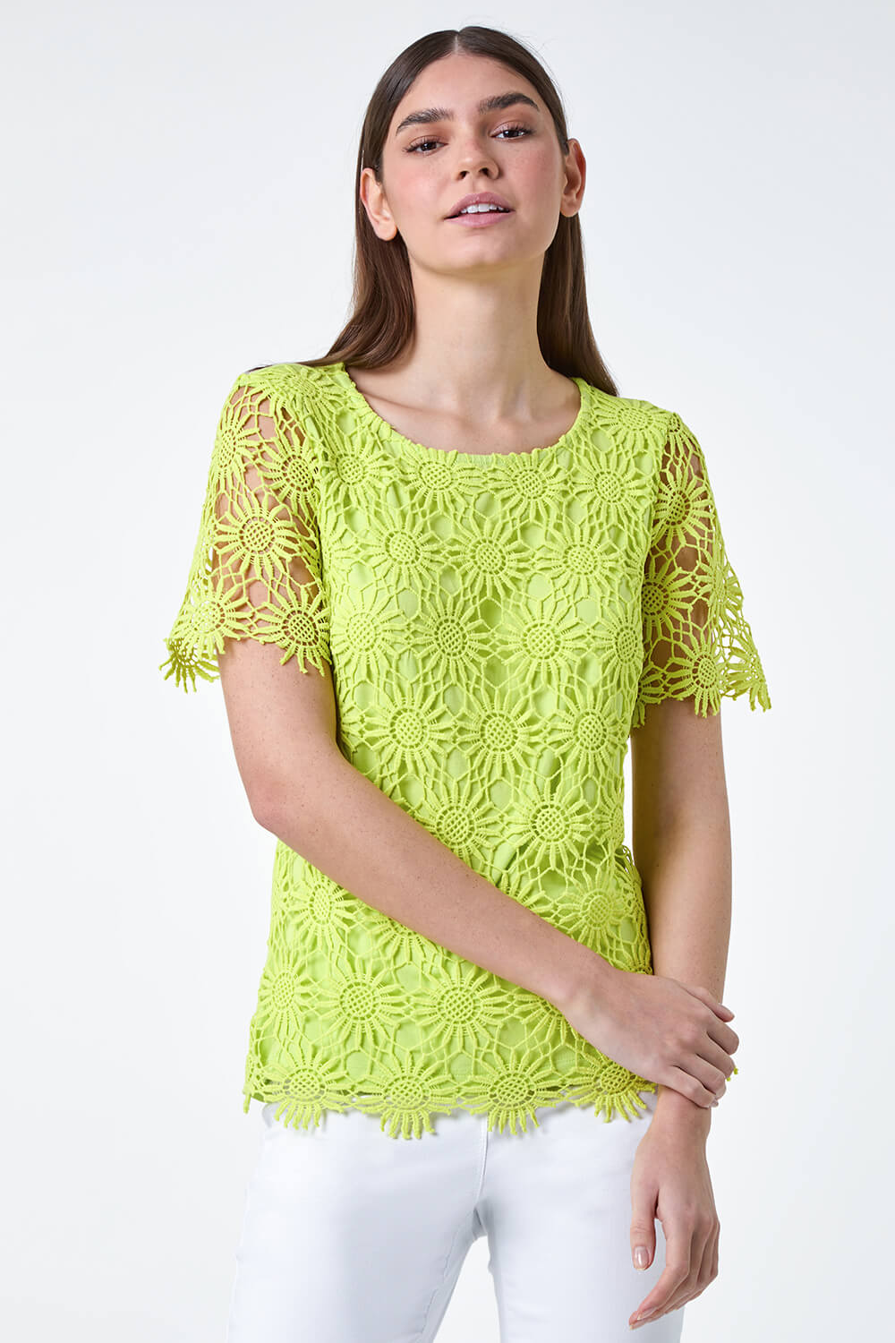 Yellow Floral Lace Stretch Jersey T-Shirt, Image 4 of 5