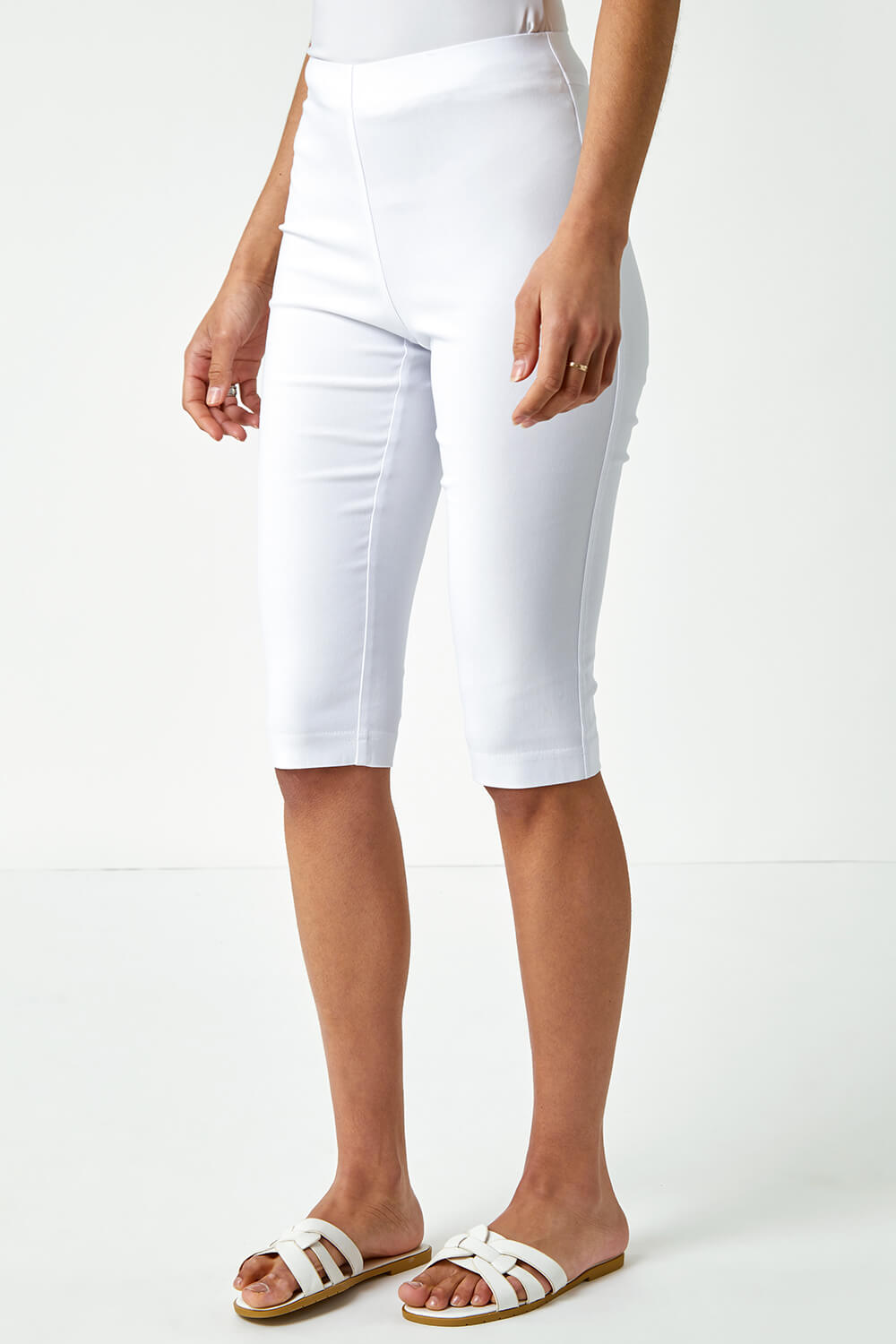 White Knee Length Stretch Shorts, Image 4 of 6