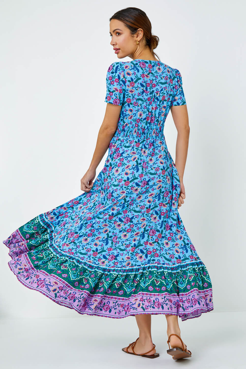 Turquoise Floral Print Tiered Maxi Dress | Roman UK