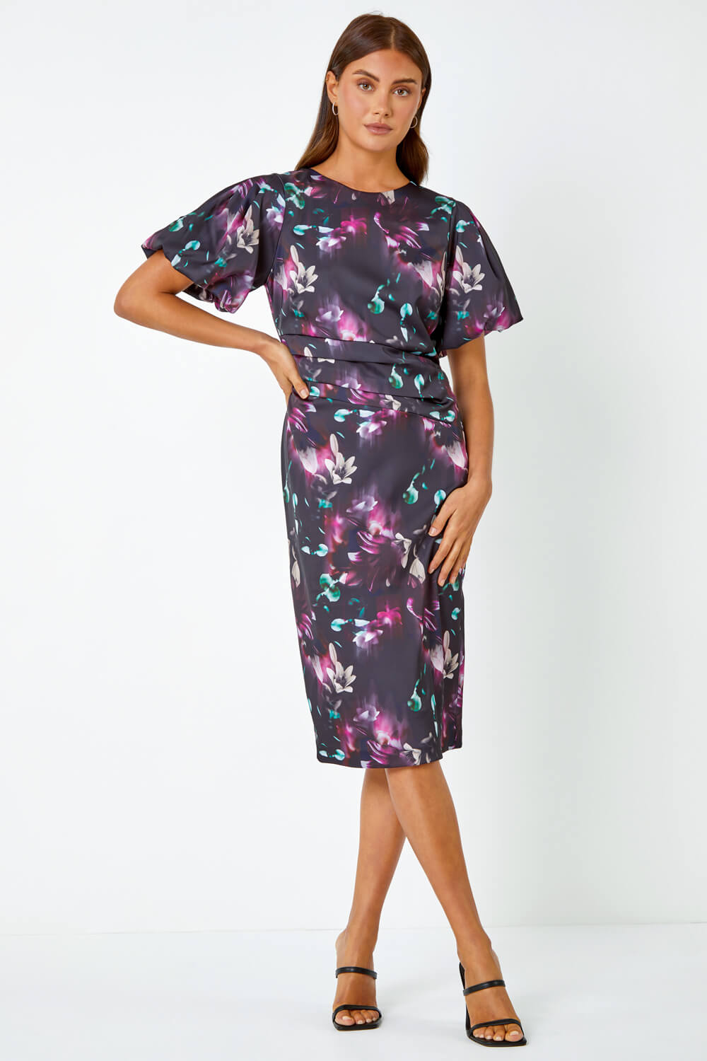 Black Floral Puff Sleeve Ruched Stretch Dress, Image 2 of 5