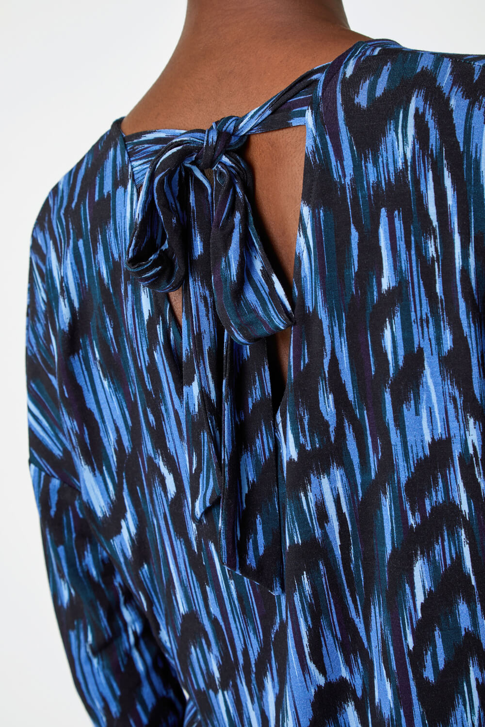 Blue Abstract Print Tie Back Stretch Top , Image 5 of 5