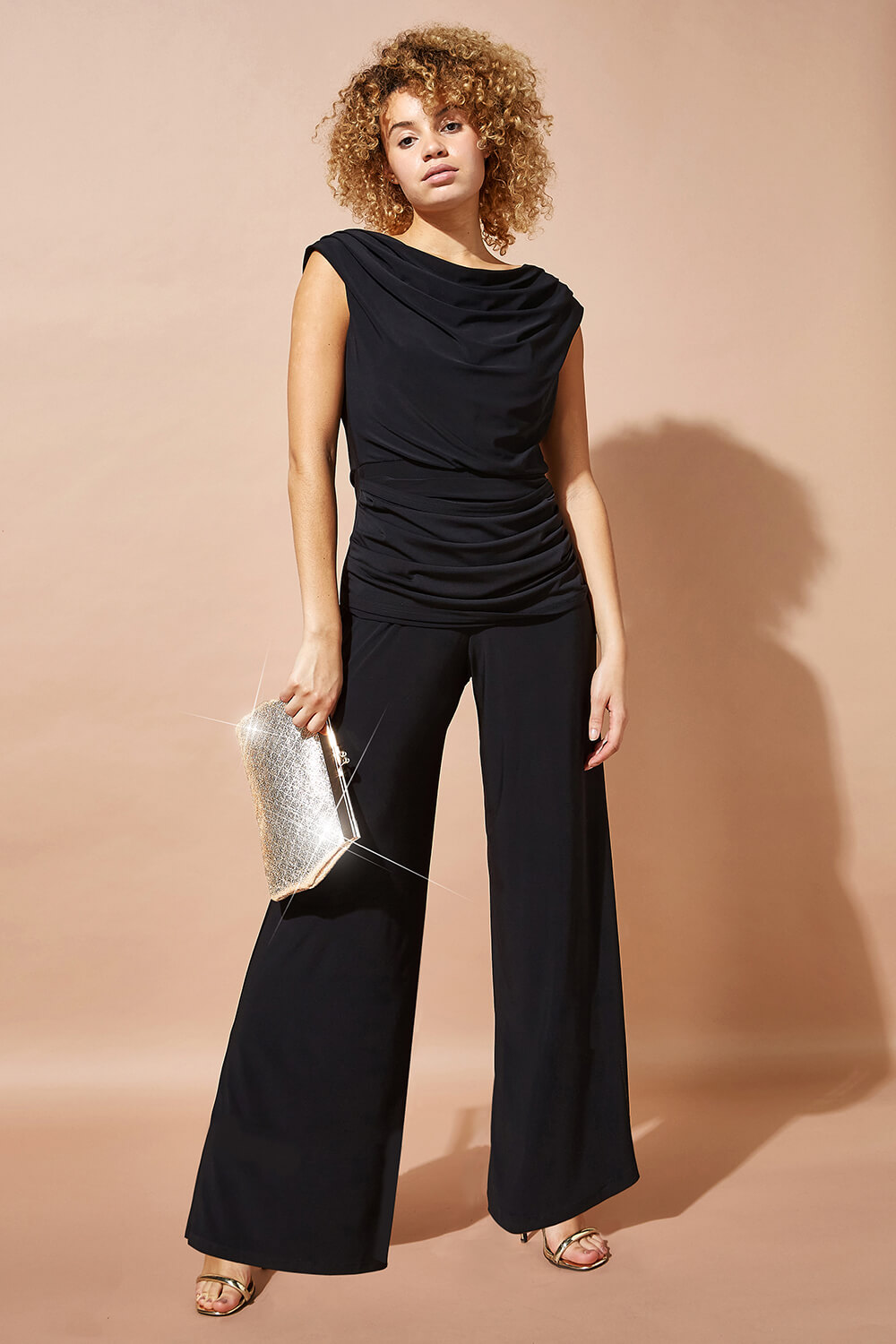 Black Cowl Neck Ruched Stretch Jumpsuit, Image 1 of 6