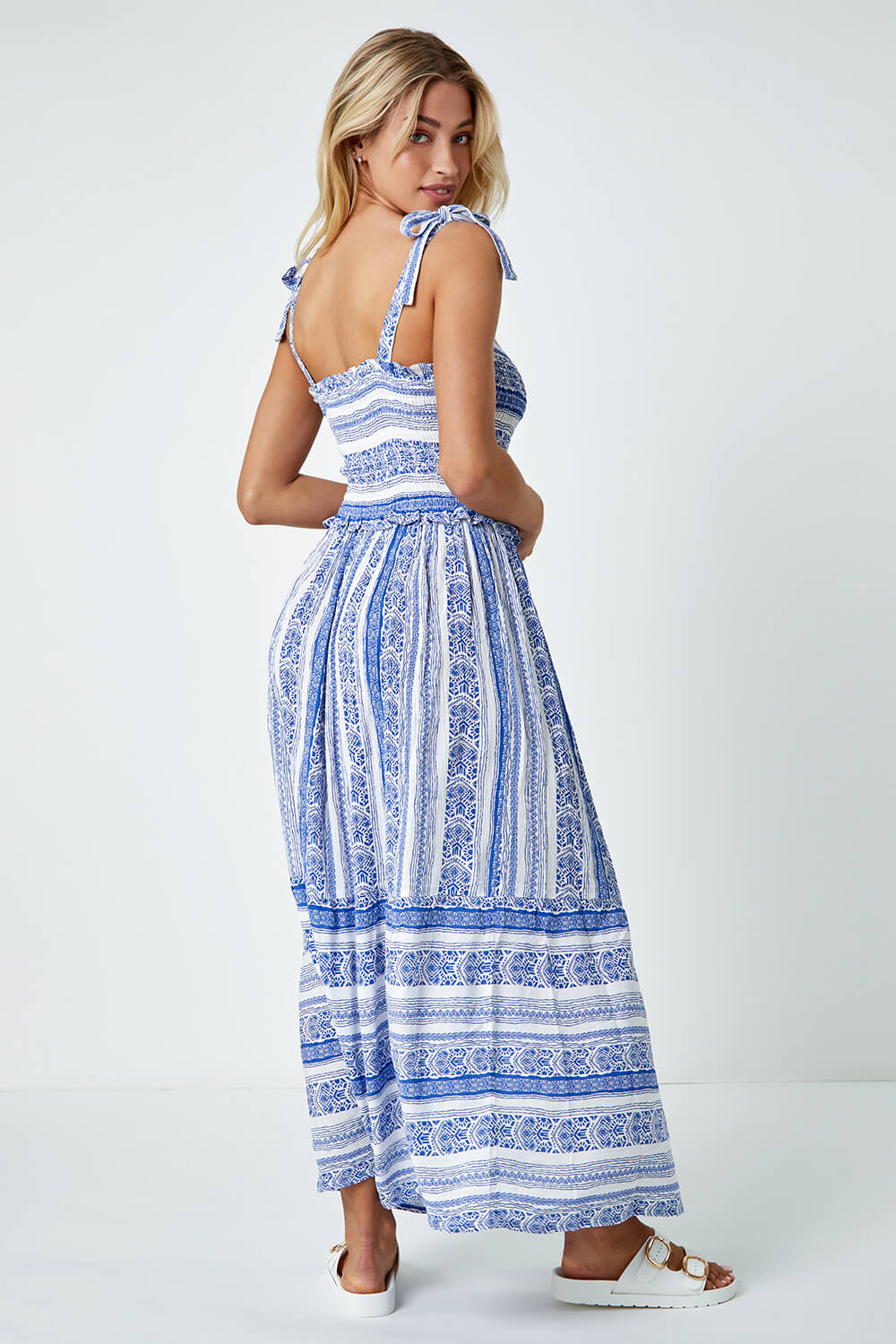 Blue Border Print Shoulder Tie Maxi Dress, Image 3 of 5
