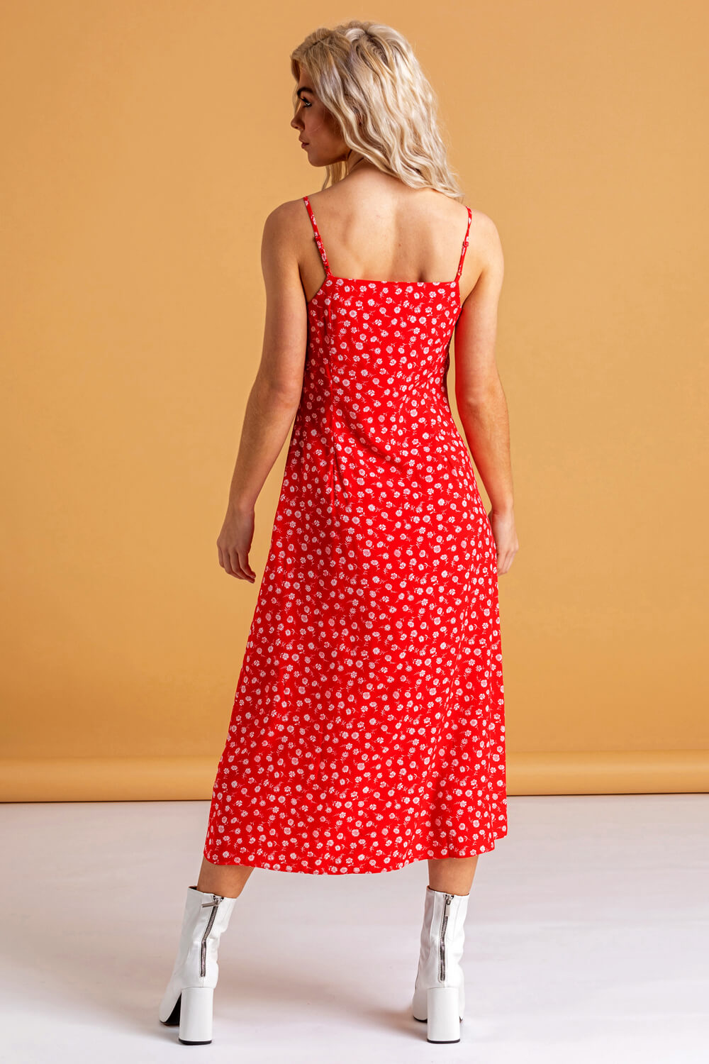 Red Ditsy Floral Print Midi Dress , Image 2 of 4