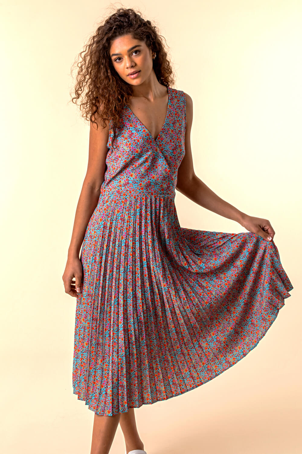 Turquoise Floral Print Midi Wrap Dress, Image 3 of 4