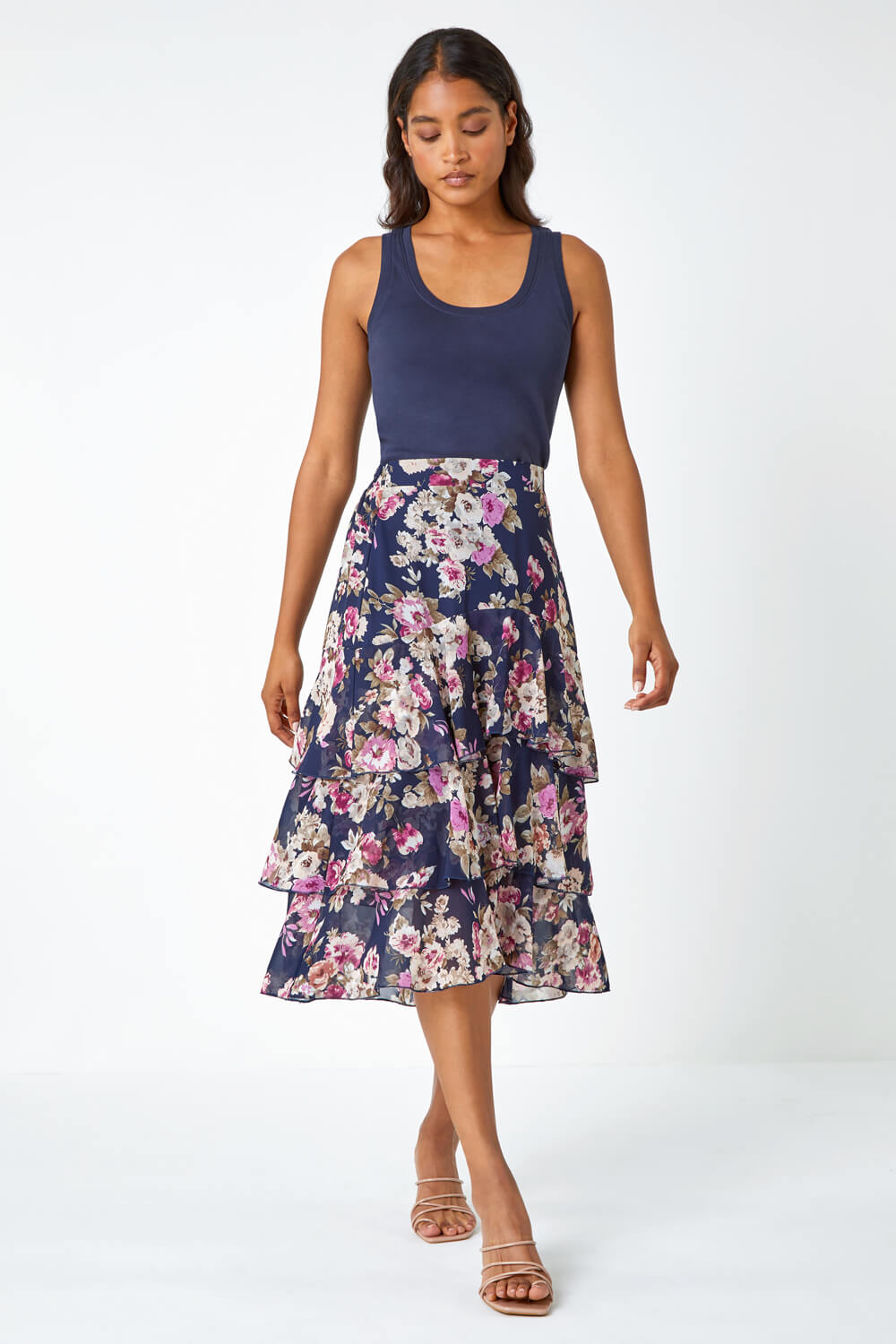 Floral Print Tiered Stretch Skirt