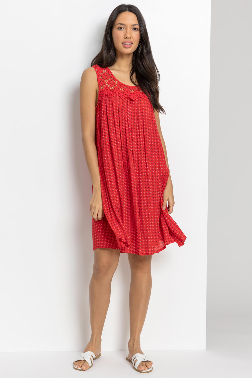 Red Ditsy Print Lace Yoke Swing Dress, Image 4 of 6