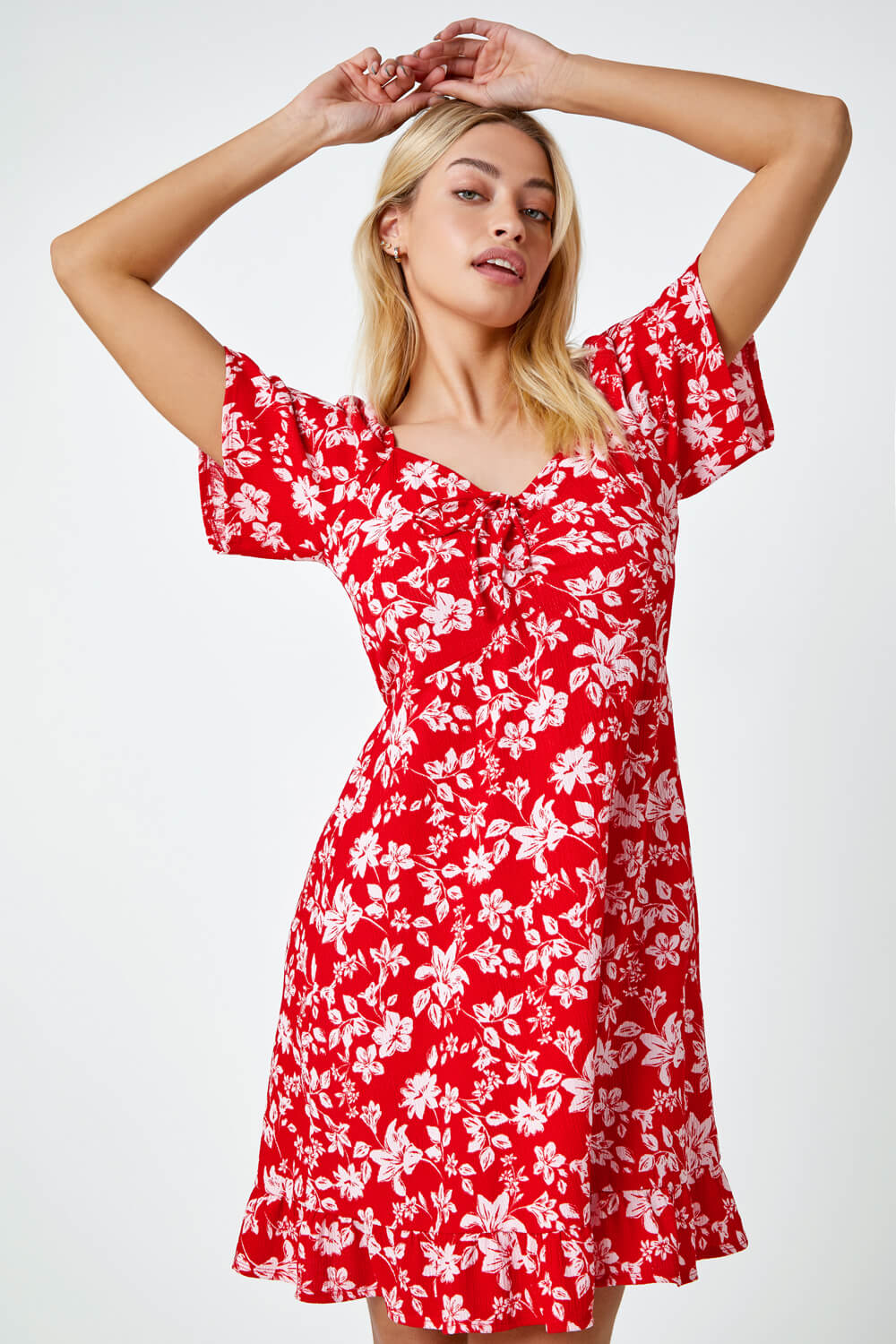 Red Floral Print Frill Hem Mini Dress, Image 2 of 5