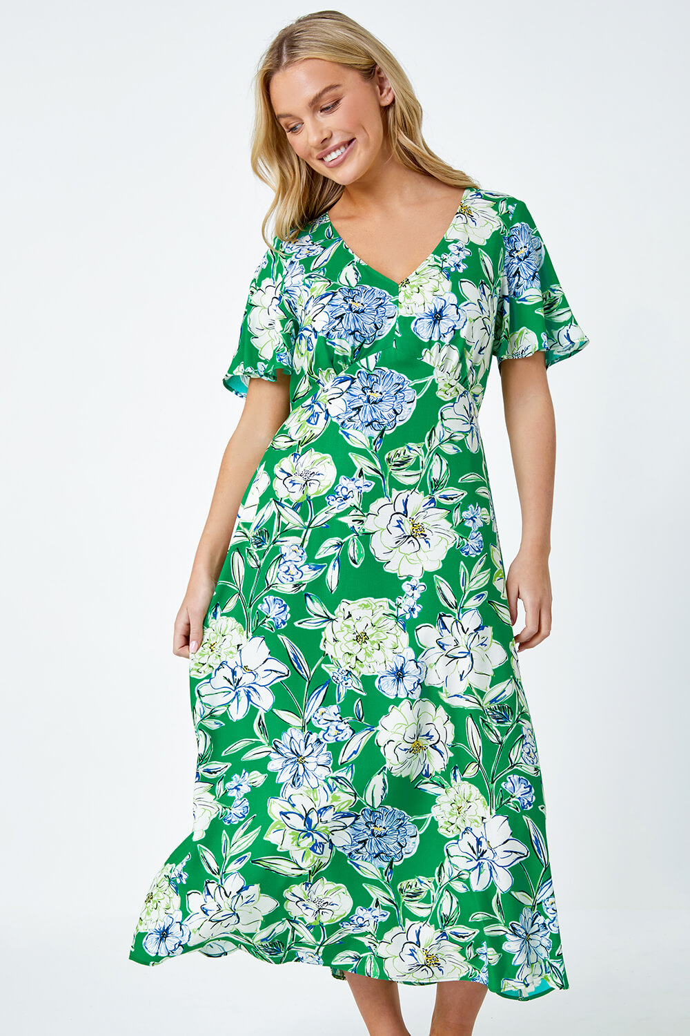 Green Petite Floral Print Midi Dress | Roman UK