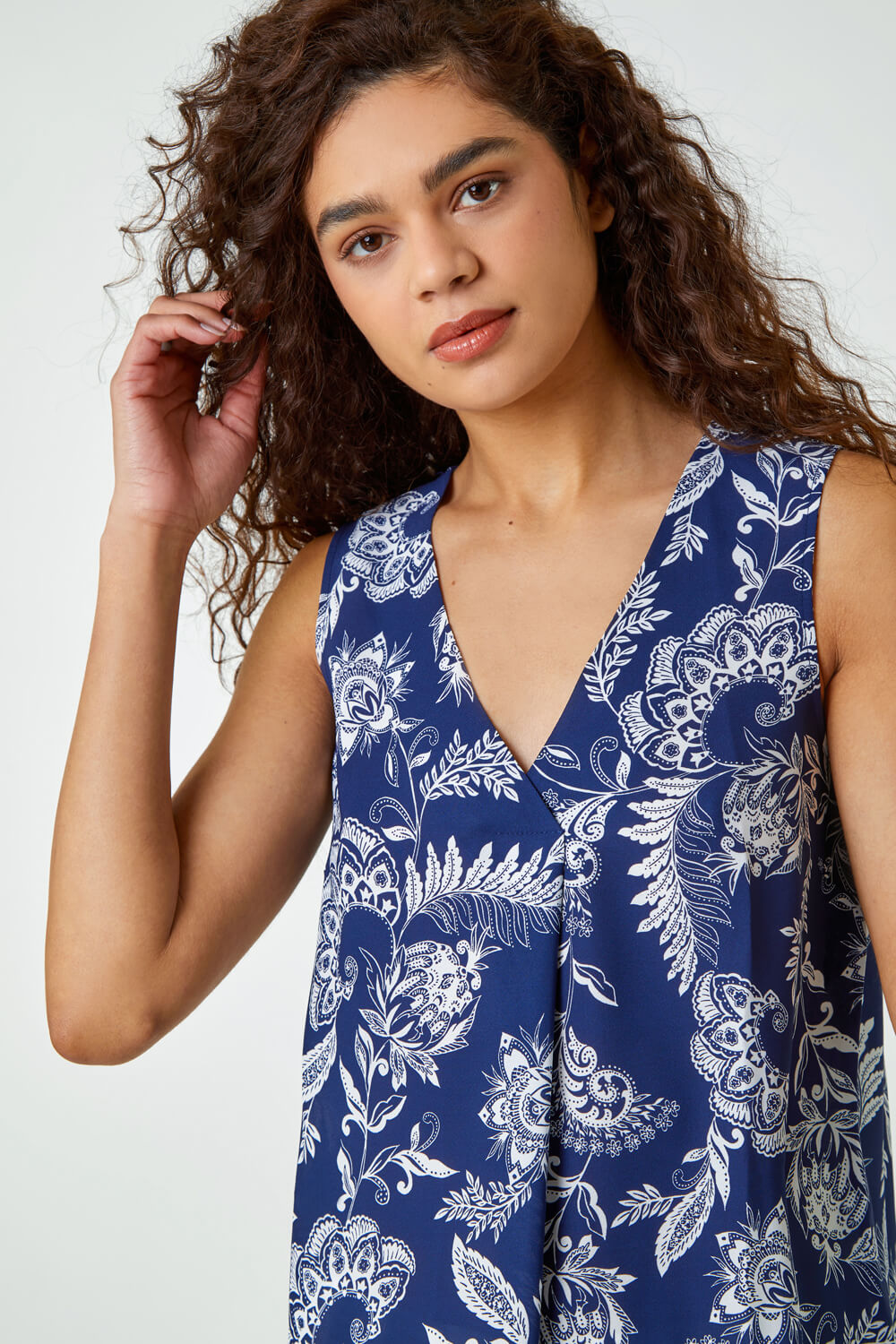 Navy  Sleeveless Paisley Pleat Front Top, Image 4 of 5