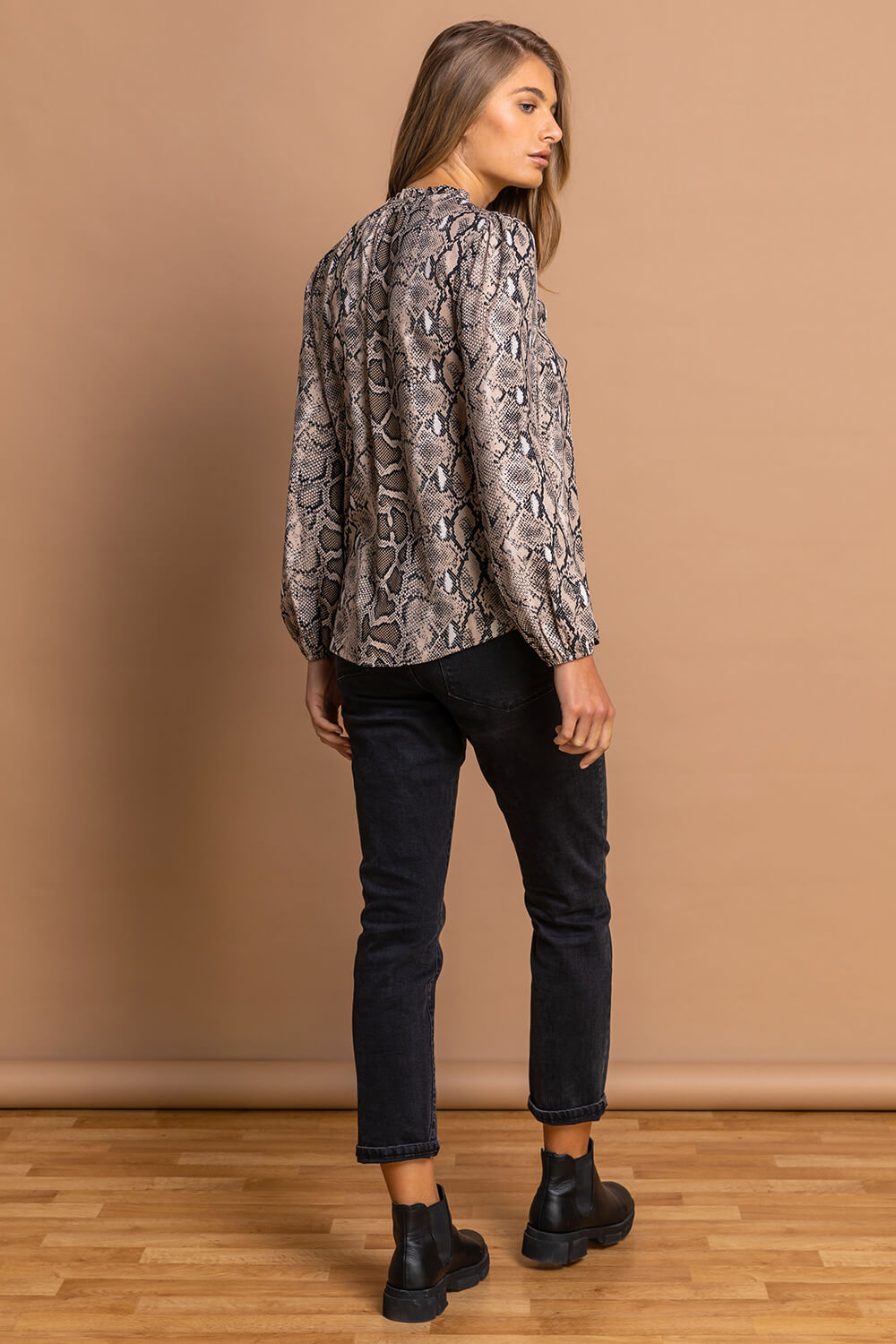 Neutral Snake Print Tie Neck Blouse, Image 2 of 5