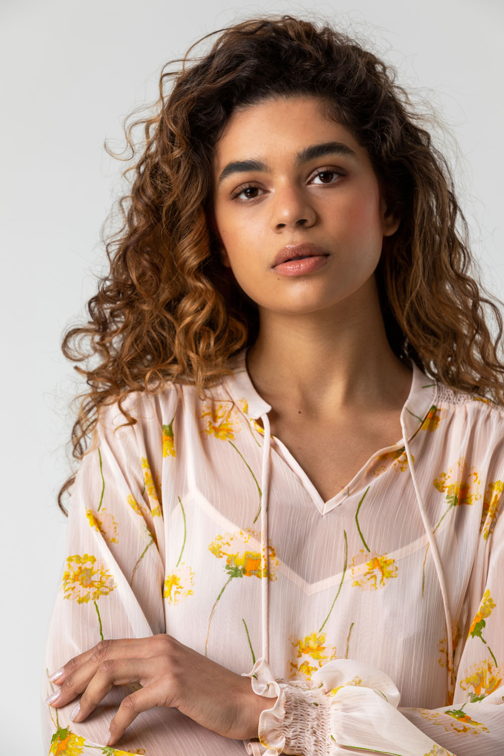 Yellow Shirred Detail Floral Blouse with Cami, Image 4 of 4