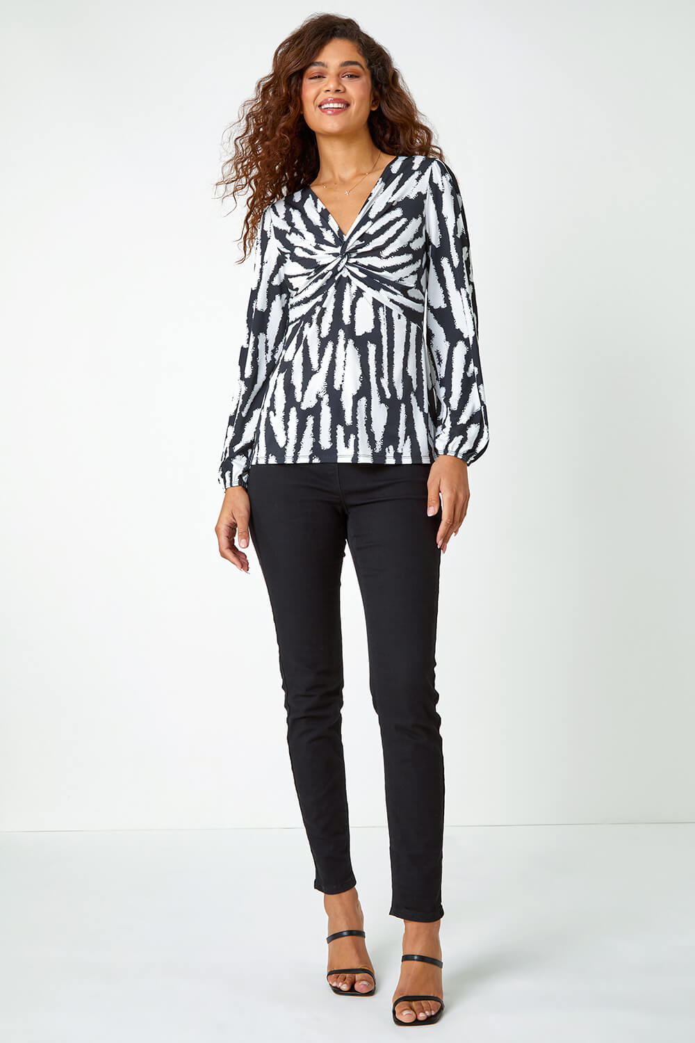Ivory  Abstract Print Twist Front Stretch Top, Image 2 of 5