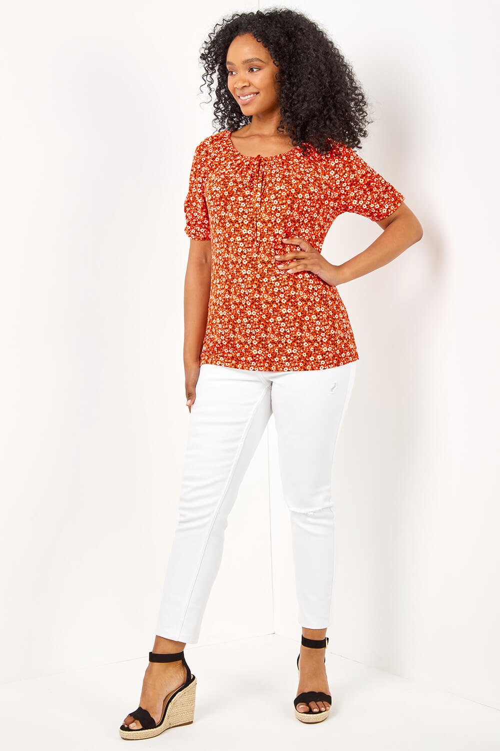 Red Petite Floral Print Stretch Jersey Top, Image 3 of 5