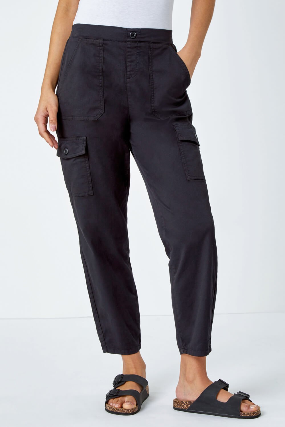 Black Casual Cargo Stretch Trousers, Image 4 of 5