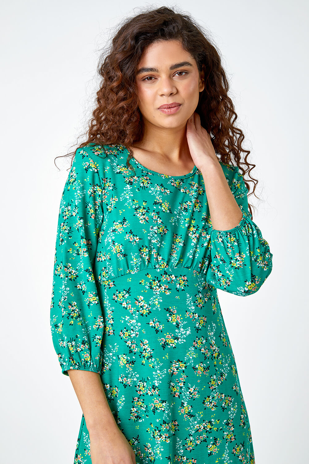 Green Ditsy Floral Print Stretch Jersey Dress, Image 4 of 5