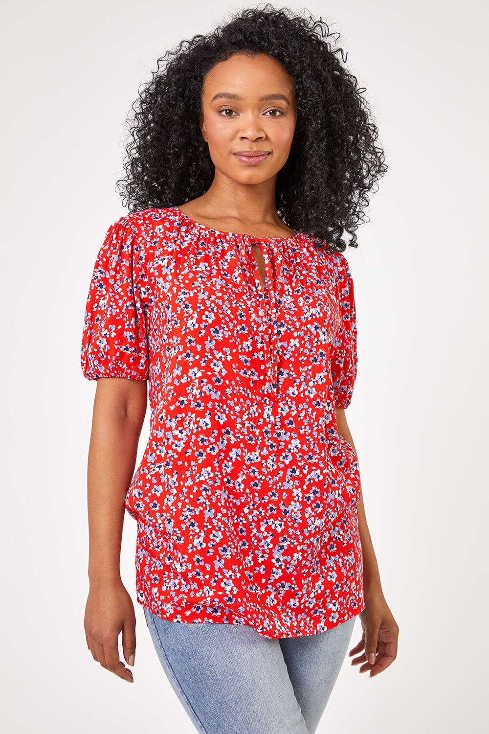 Red Petite Ditsy Floral Print Neck Tie Top , Image 4 of 4