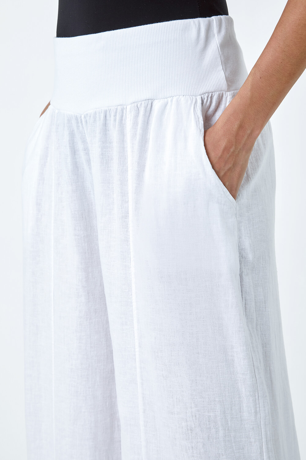 White Linen Blend Stretch Waist Culottes, Image 5 of 5