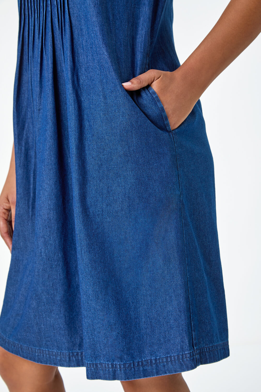 Blue Denim Pintuck Detail Pocket Dress, Image 5 of 5