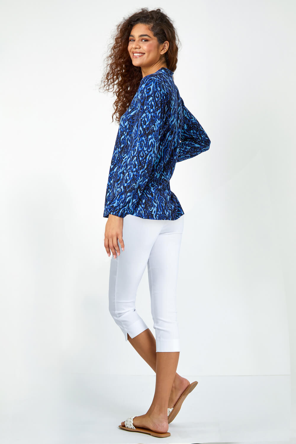 Blue Aztec Print Pleated Stretch Top, Image 3 of 5
