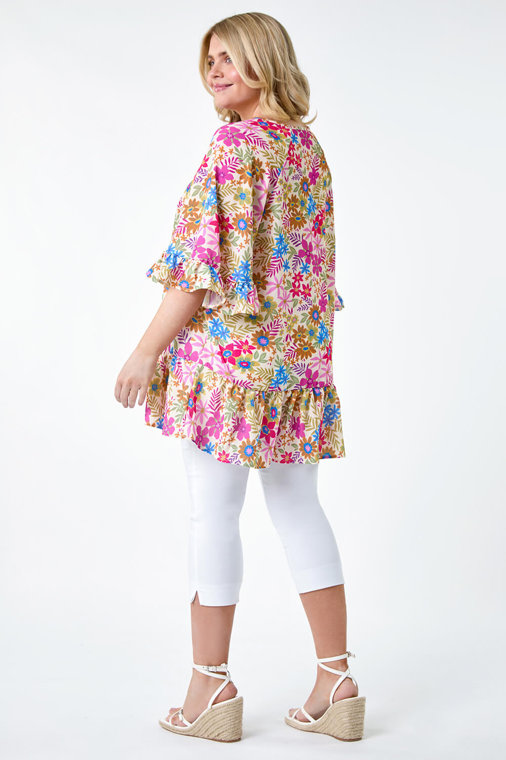 PINK Curve Floral Print Frill Detail Top, Image 3 of 5