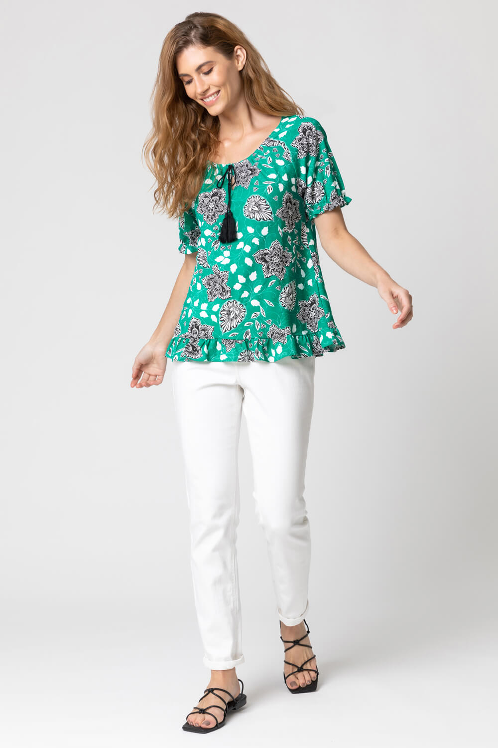 Green Floral Paisley Tassel Frill Top, Image 3 of 4
