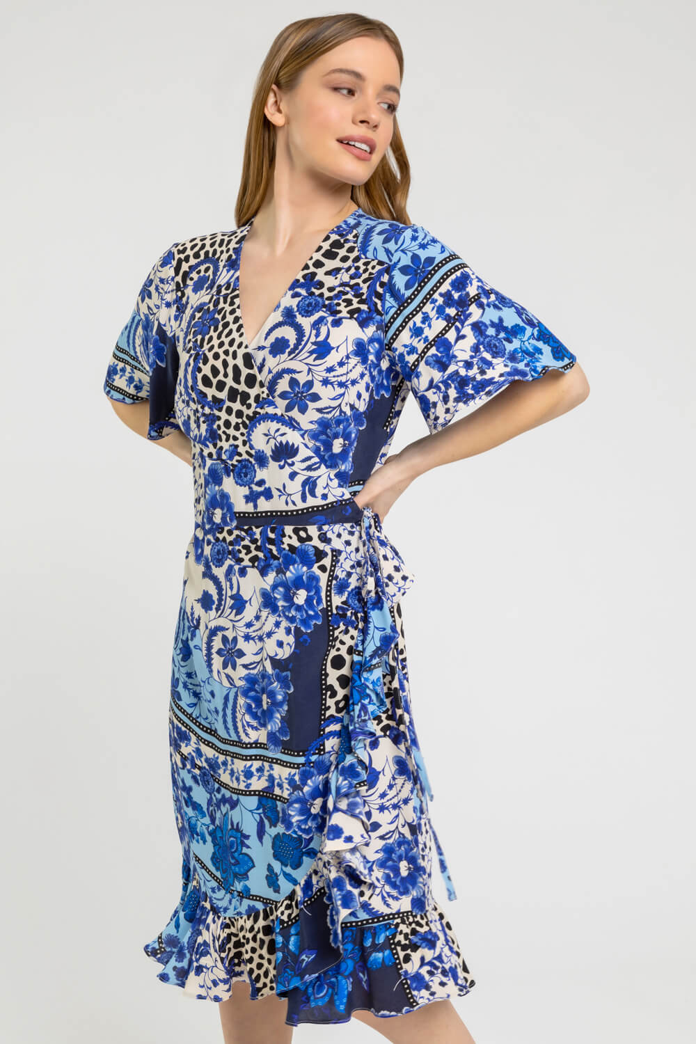 Blue Petite Floral Contrast Print Wrap Dress, Image 5 of 5
