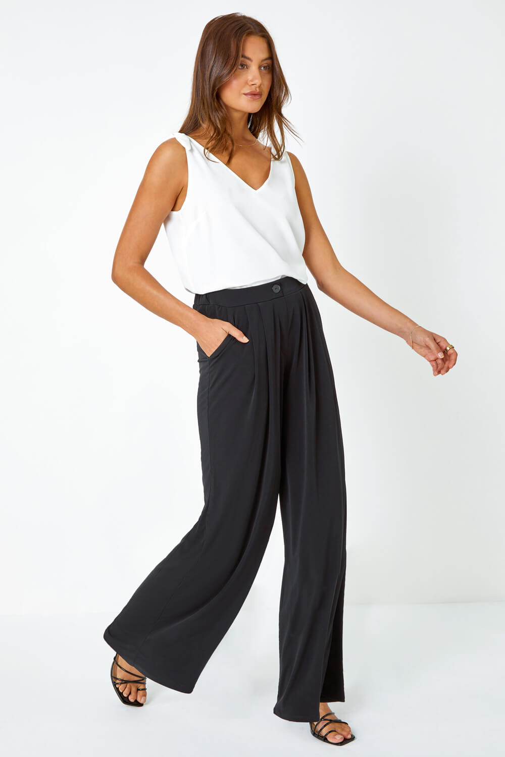 Black Button Detail Wide Leg Stretch Trousers, Image 2 of 5