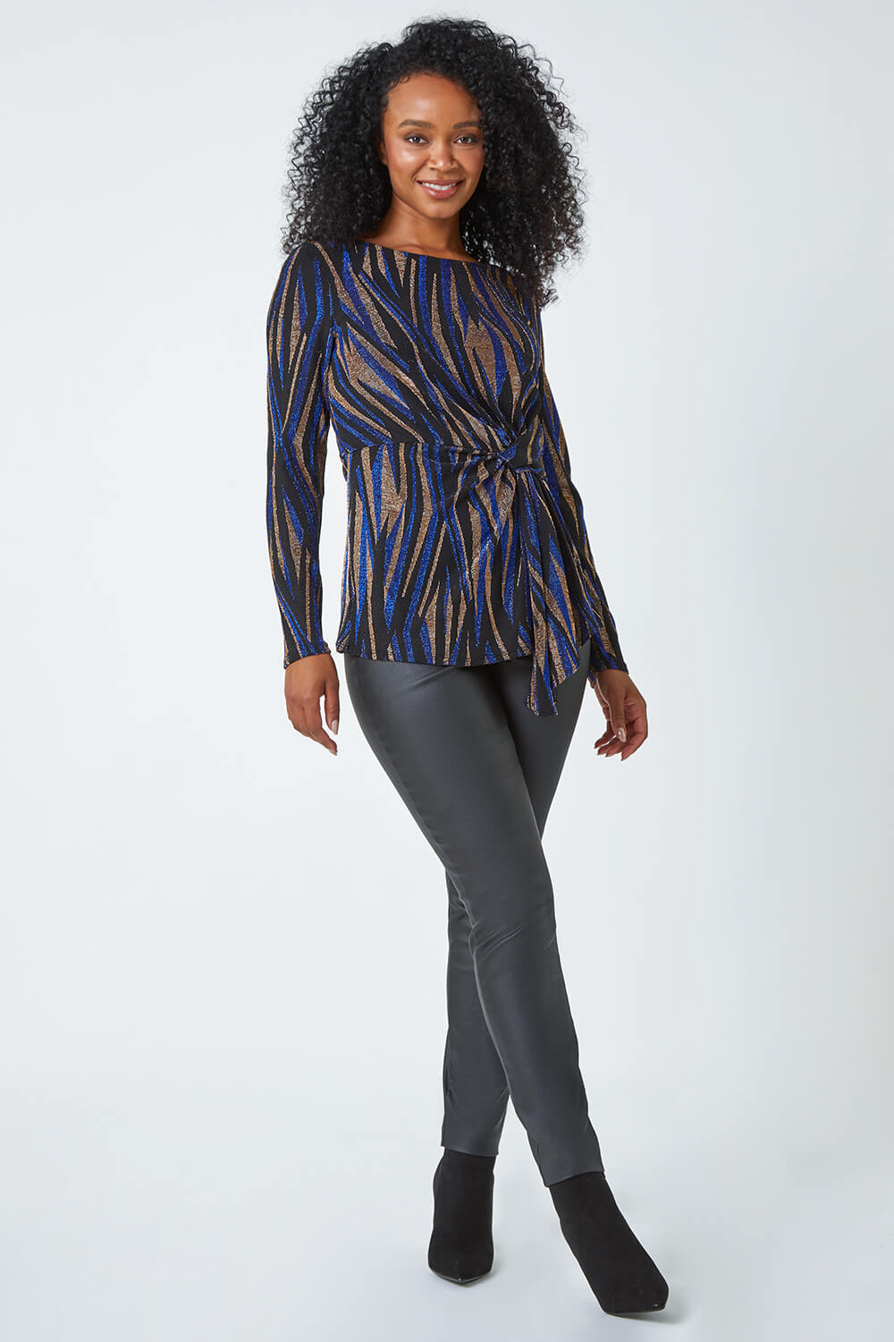 Blue Petite Animal Shimmer Stretch Twist Top, Image 4 of 5