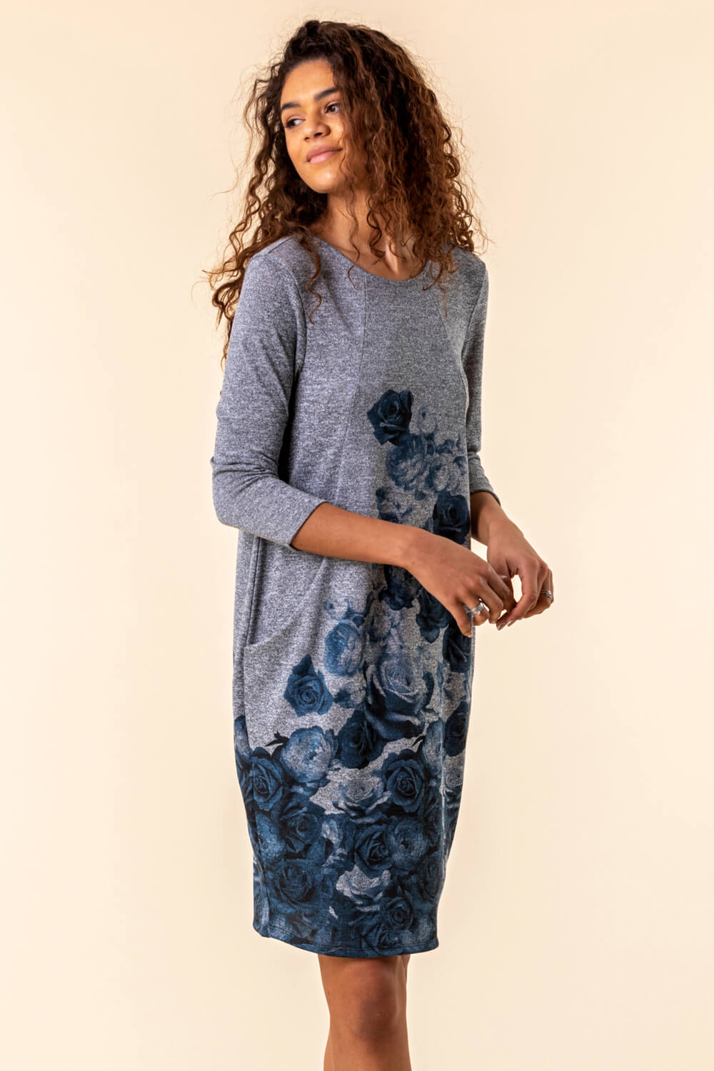 Grey Floral Border Print Pocket Dress, Image 3 of 4